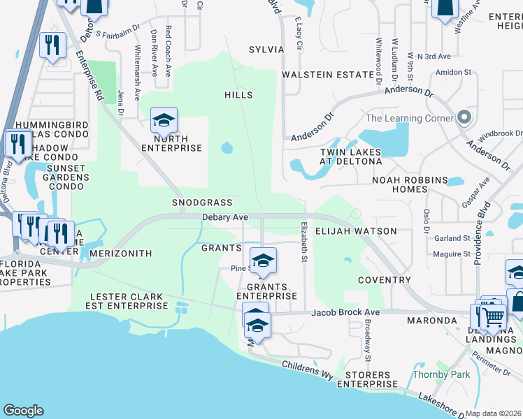 map of restaurants, bars, coffee shops, grocery stores, and more near 100 North Road in Deltona