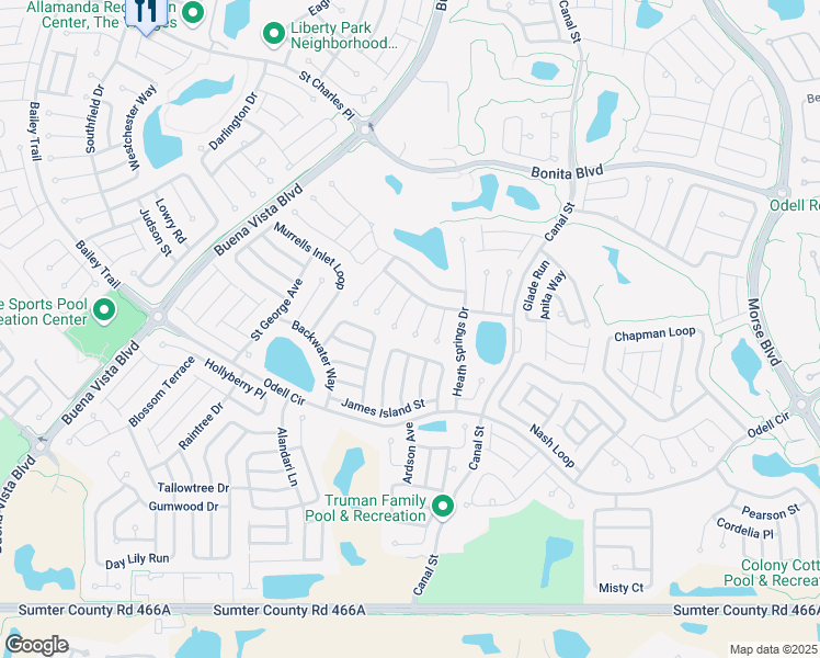 map of restaurants, bars, coffee shops, grocery stores, and more near 2432 Boiling Springs Court in The Villages