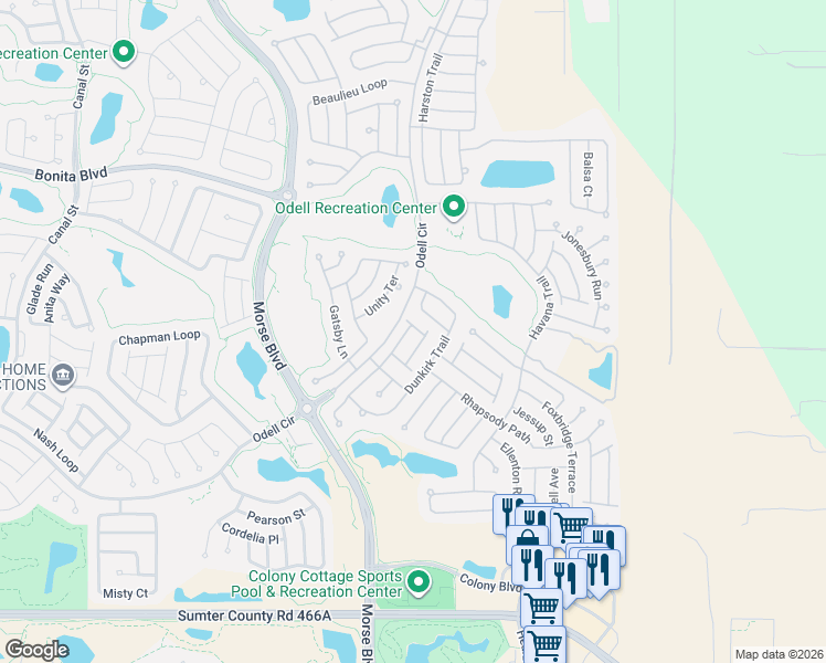 map of restaurants, bars, coffee shops, grocery stores, and more near 2397 Saffron Lane in The Villages