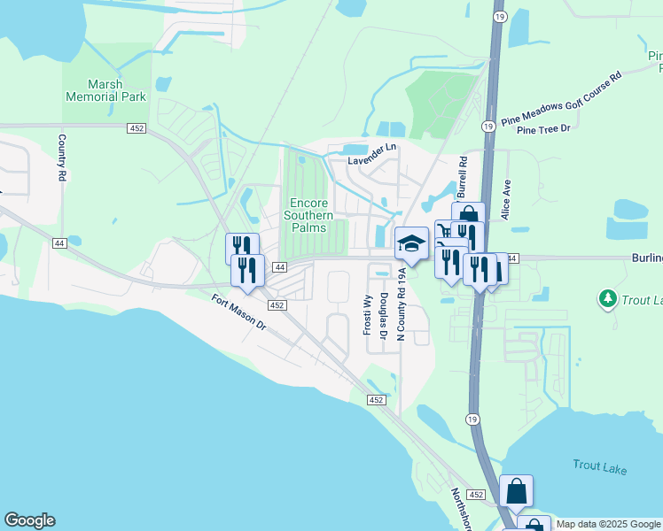 map of restaurants, bars, coffee shops, grocery stores, and more near 932 Edgewater Circle in Eustis