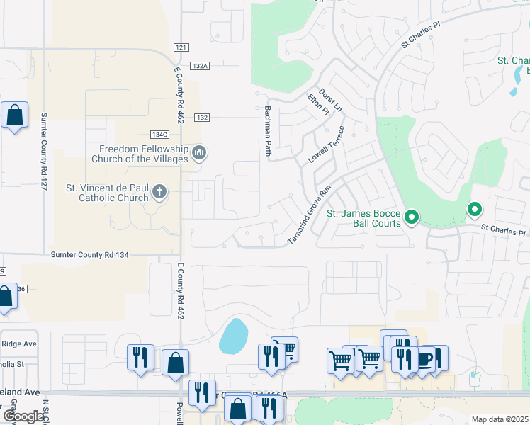 map of restaurants, bars, coffee shops, grocery stores, and more near 2466 Carriage Hill Way in The Villages