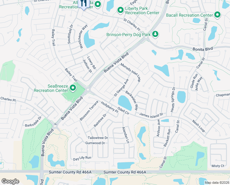 map of restaurants, bars, coffee shops, grocery stores, and more near 2408 Saint George Avenue in The Villages