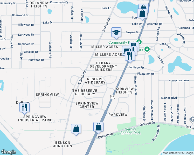 map of restaurants, bars, coffee shops, grocery stores, and more near 260 Englenook Drive in DeBary