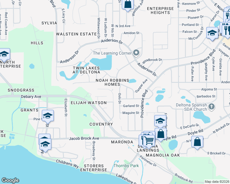 map of restaurants, bars, coffee shops, grocery stores, and more near 401 Coventry Estates Boulevard in Deltona