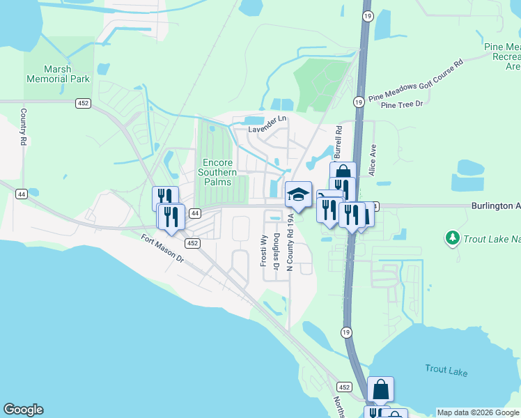 map of restaurants, bars, coffee shops, grocery stores, and more near 425 Jennifer Lane in Eustis