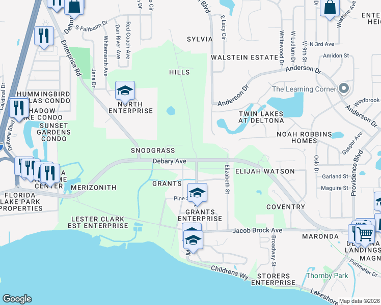 map of restaurants, bars, coffee shops, grocery stores, and more near 100 North Road in Deltona