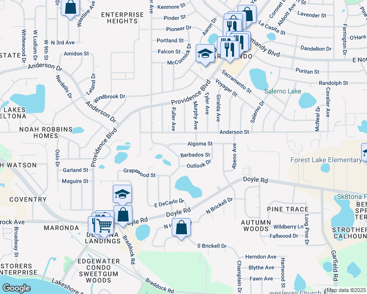 map of restaurants, bars, coffee shops, grocery stores, and more near 1121 Algoma Street in Deltona
