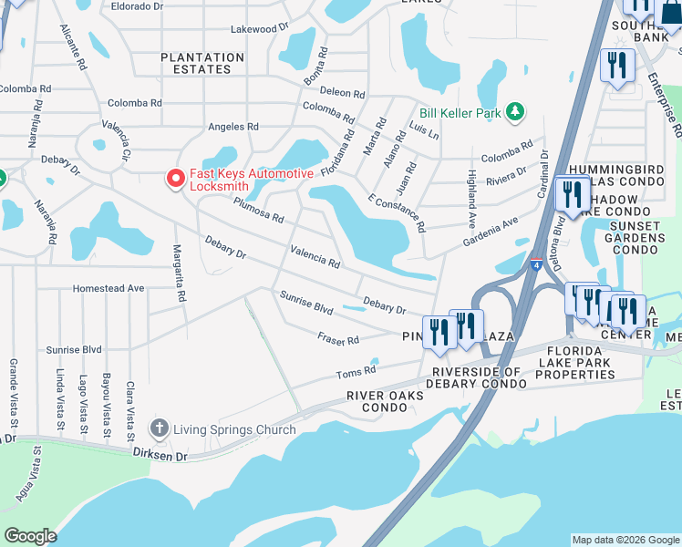 map of restaurants, bars, coffee shops, grocery stores, and more near 246 Debary Drive in DeBary