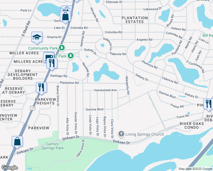 map of restaurants, bars, coffee shops, grocery stores, and more near 131 Plantation Road in DeBary