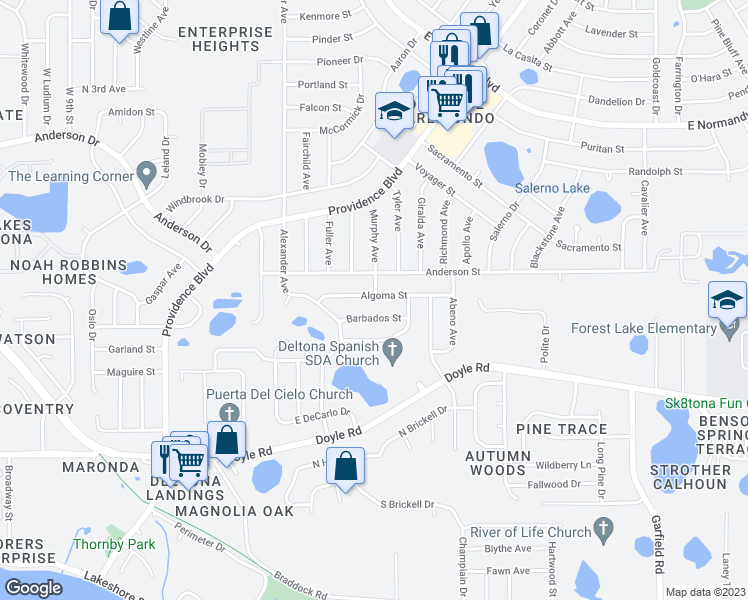 map of restaurants, bars, coffee shops, grocery stores, and more near 1129 Algoma Street in Deltona