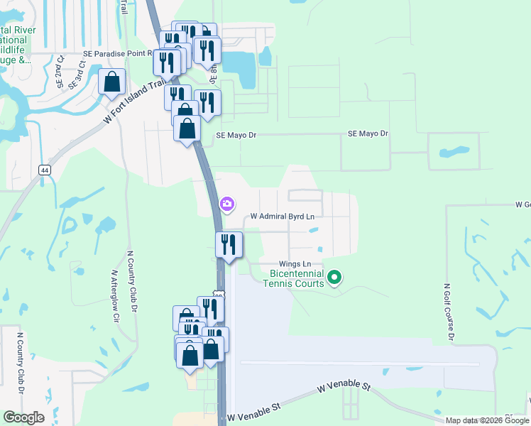 map of restaurants, bars, coffee shops, grocery stores, and more near 8551 West Admiral Byrd Lane in Crystal River