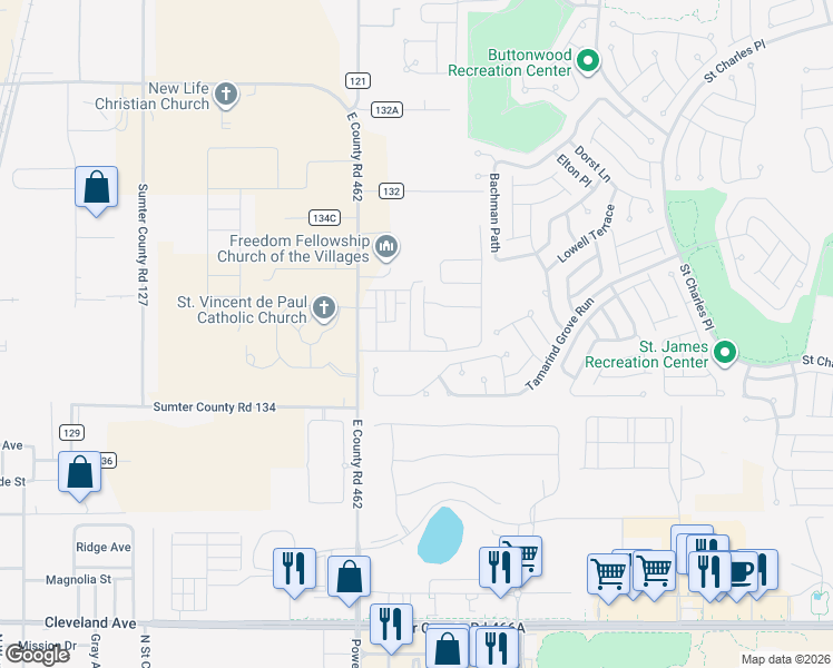 map of restaurants, bars, coffee shops, grocery stores, and more near 5092 Northeast 81st Boulevard in Wildwood