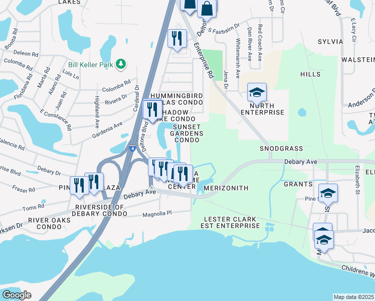 map of restaurants, bars, coffee shops, grocery stores, and more near 530 Belltower Avenue in Deltona