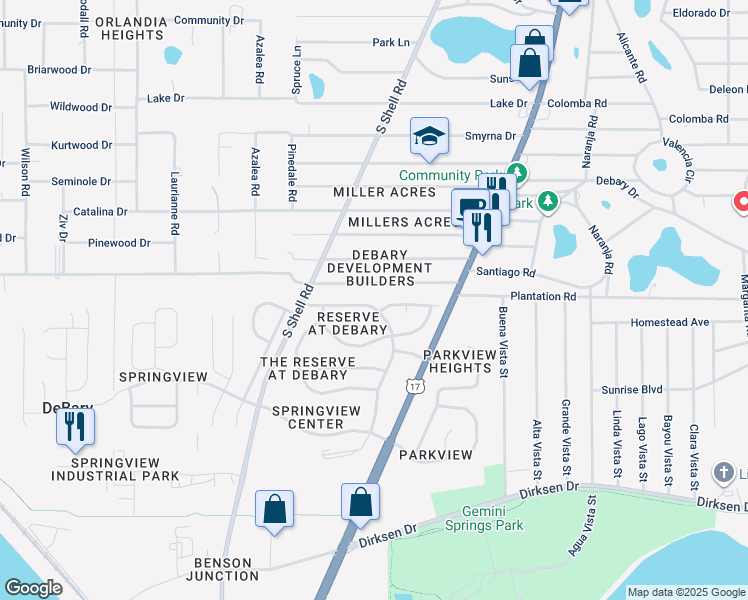 map of restaurants, bars, coffee shops, grocery stores, and more near 260 Englenook Drive in DeBary