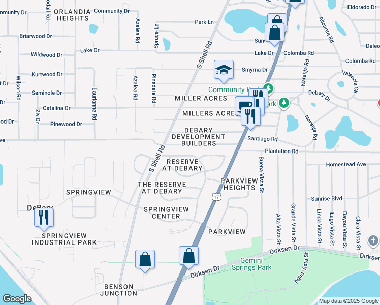 map of restaurants, bars, coffee shops, grocery stores, and more near 265 Englenook Drive in DeBary