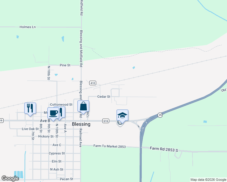map of restaurants, bars, coffee shops, grocery stores, and more near 243 Cedar Street in Blessing