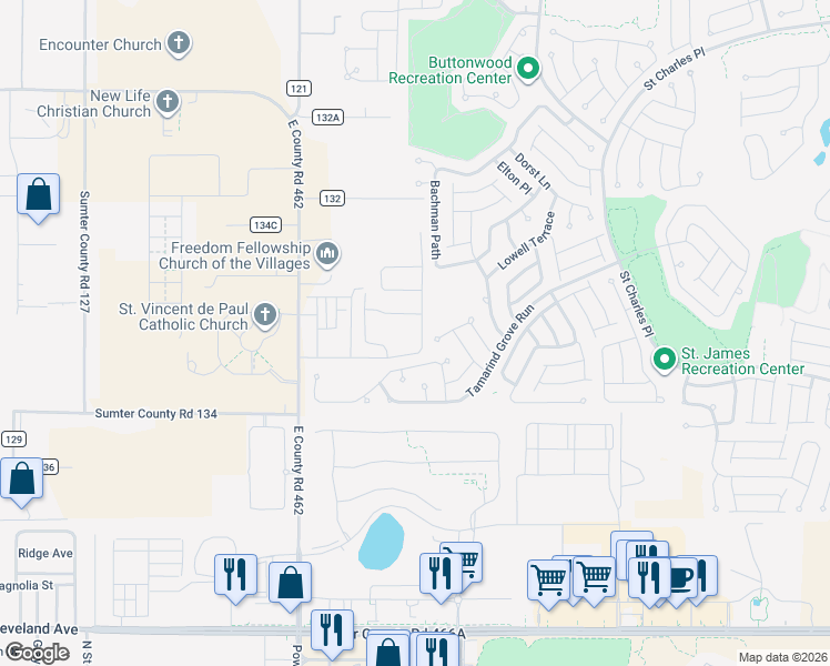 map of restaurants, bars, coffee shops, grocery stores, and more near 2466 Carriage Hill Way in The Villages
