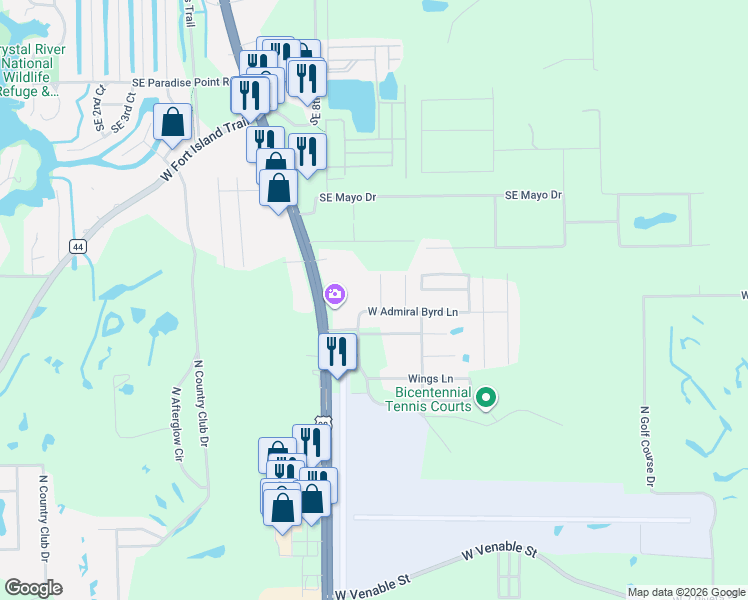 map of restaurants, bars, coffee shops, grocery stores, and more near 8635 West Admiral Byrd Lane in Crystal River