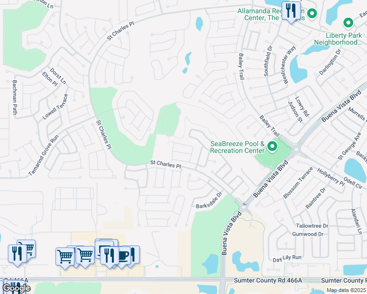map of restaurants, bars, coffee shops, grocery stores, and more near 1912 Loadstar Avenue in The Villages