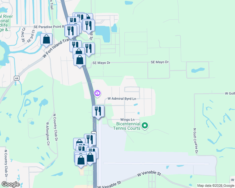 map of restaurants, bars, coffee shops, grocery stores, and more near 8551 West Admiral Byrd Lane in Crystal River