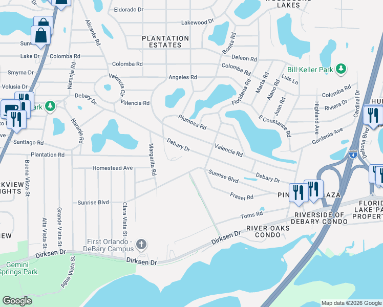 map of restaurants, bars, coffee shops, grocery stores, and more near 210 Sunrise Boulevard in DeBary