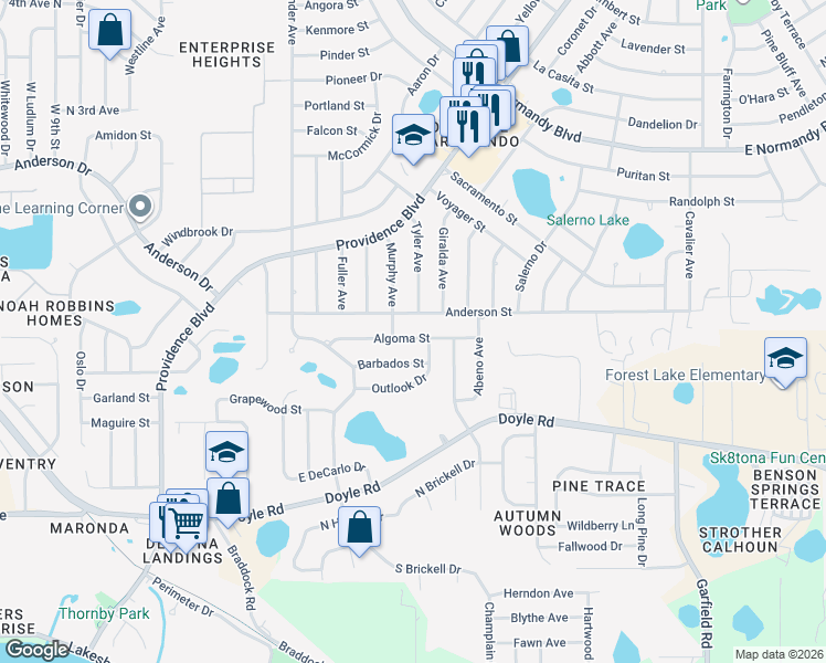 map of restaurants, bars, coffee shops, grocery stores, and more near 1154 Algoma Street in Deltona
