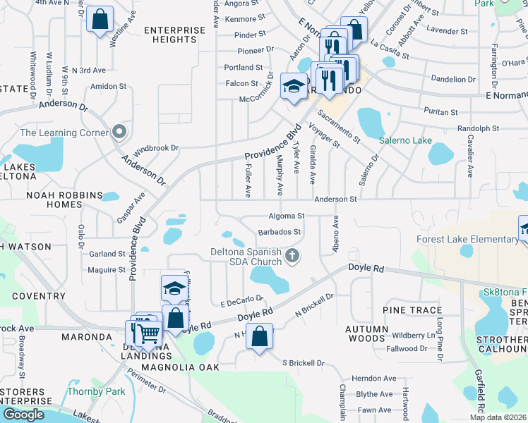 map of restaurants, bars, coffee shops, grocery stores, and more near 1121 Algoma Street in Deltona
