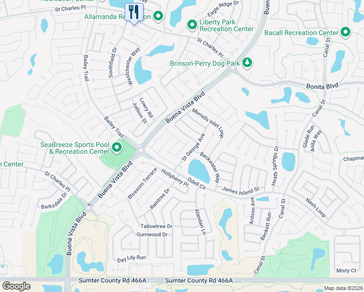 map of restaurants, bars, coffee shops, grocery stores, and more near 2408 Saint George Avenue in The Villages