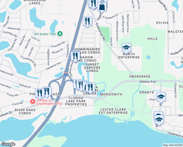 map of restaurants, bars, coffee shops, grocery stores, and more near 556 Belltower Avenue in Deltona