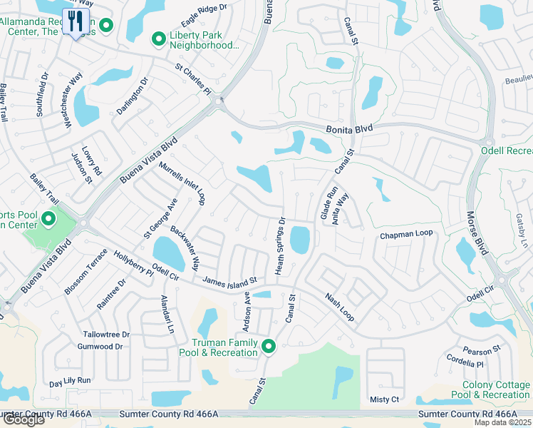 map of restaurants, bars, coffee shops, grocery stores, and more near 1161 Eureka Mill Run in The Villages