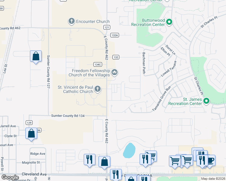 map of restaurants, bars, coffee shops, grocery stores, and more near 5230 East Co Road 462 in Wildwood