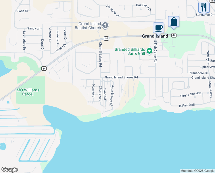 map of restaurants, bars, coffee shops, grocery stores, and more near 13310 Grand Island Shores Road in Grand Island