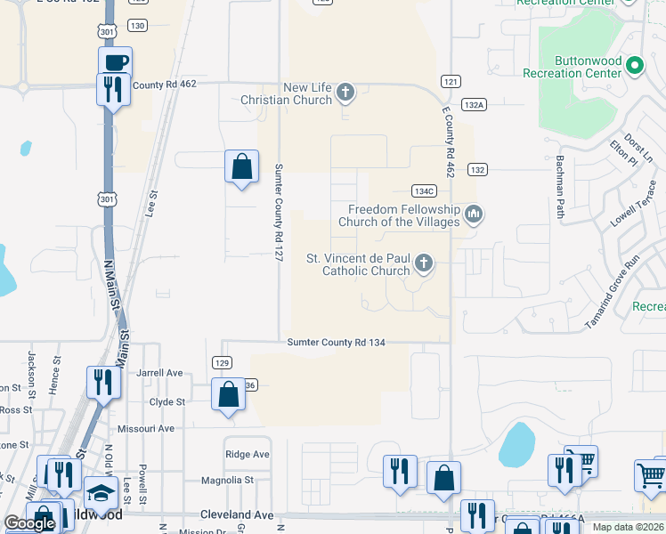 map of restaurants, bars, coffee shops, grocery stores, and more near 8271 County Road 127 in Wildwood