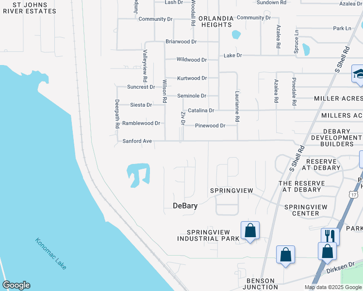 map of restaurants, bars, coffee shops, grocery stores, and more near 159 Wilson Road in DeBary