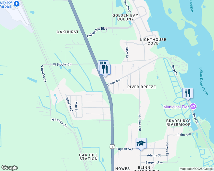 map of restaurants, bars, coffee shops, grocery stores, and more near 357 U.S. 1 in Oak Hill