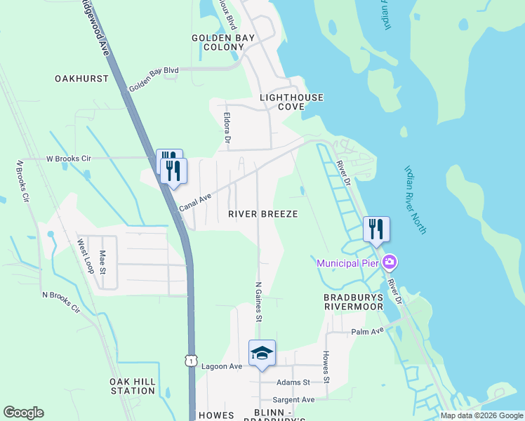 map of restaurants, bars, coffee shops, grocery stores, and more near 303 North Gaines Street in Oak Hill