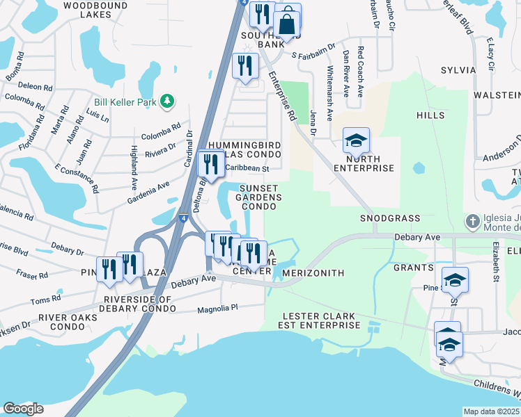 map of restaurants, bars, coffee shops, grocery stores, and more near 547 Belltower Avenue in Deltona
