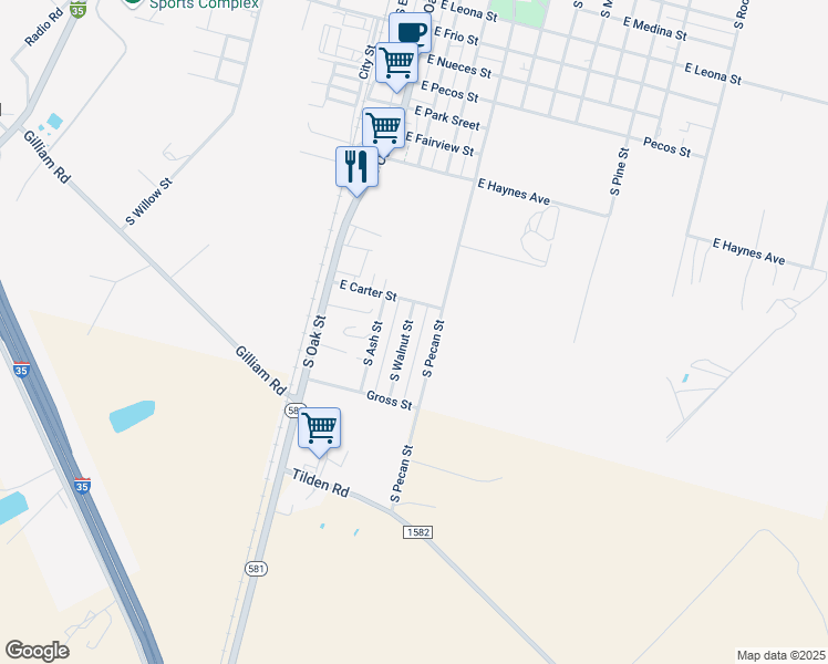 map of restaurants, bars, coffee shops, grocery stores, and more near 1717 South Walnut Street in Pearsall