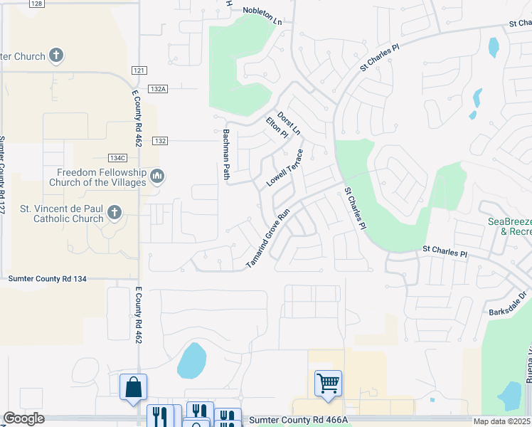 map of restaurants, bars, coffee shops, grocery stores, and more near 2350 Grenadier Way in The Villages