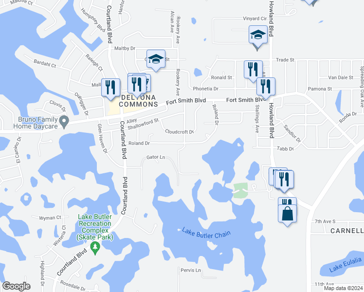 map of restaurants, bars, coffee shops, grocery stores, and more near 3231 Roland Drive in Deltona