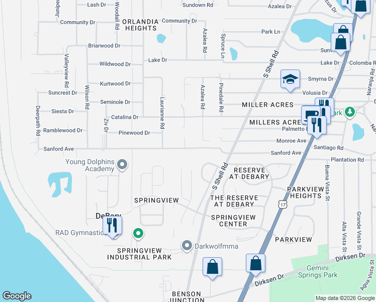 map of restaurants, bars, coffee shops, grocery stores, and more near 160 Tanglewood Road in DeBary