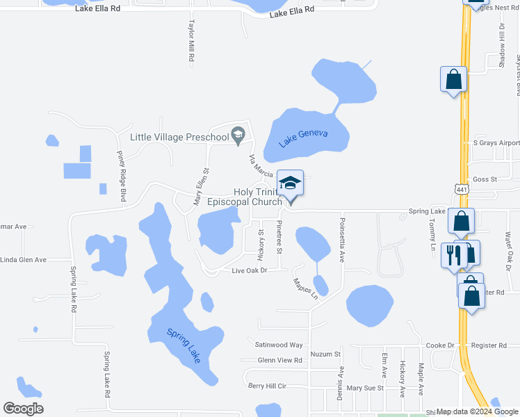 map of restaurants, bars, coffee shops, grocery stores, and more near 2034 Melanie Street in Fruitland Park