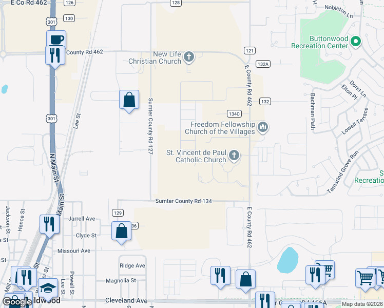 map of restaurants, bars, coffee shops, grocery stores, and more near 8271 County Road 127 in Wildwood