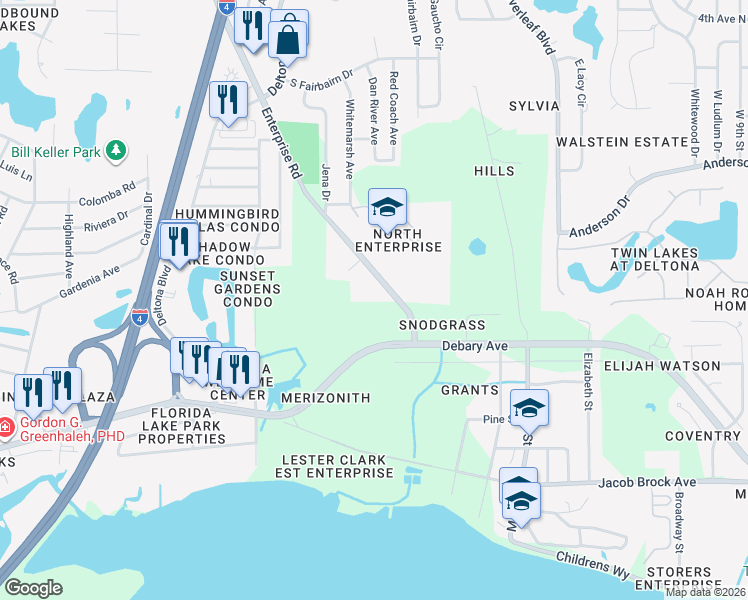 map of restaurants, bars, coffee shops, grocery stores, and more near 502 Enterprise Road in Deltona