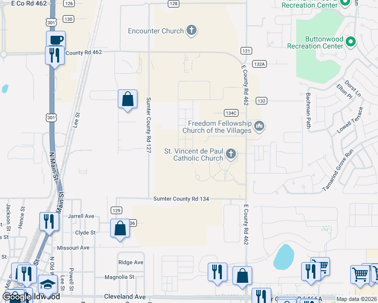 map of restaurants, bars, coffee shops, grocery stores, and more near 8271 County Road 127 in Wildwood