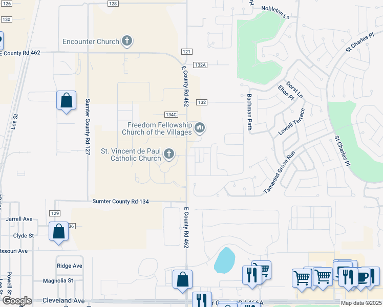 map of restaurants, bars, coffee shops, grocery stores, and more near 5230 East Co Road 462 in Wildwood