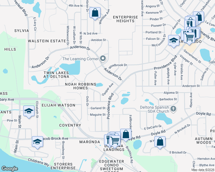 map of restaurants, bars, coffee shops, grocery stores, and more near 528 Gaspar Avenue in Deltona