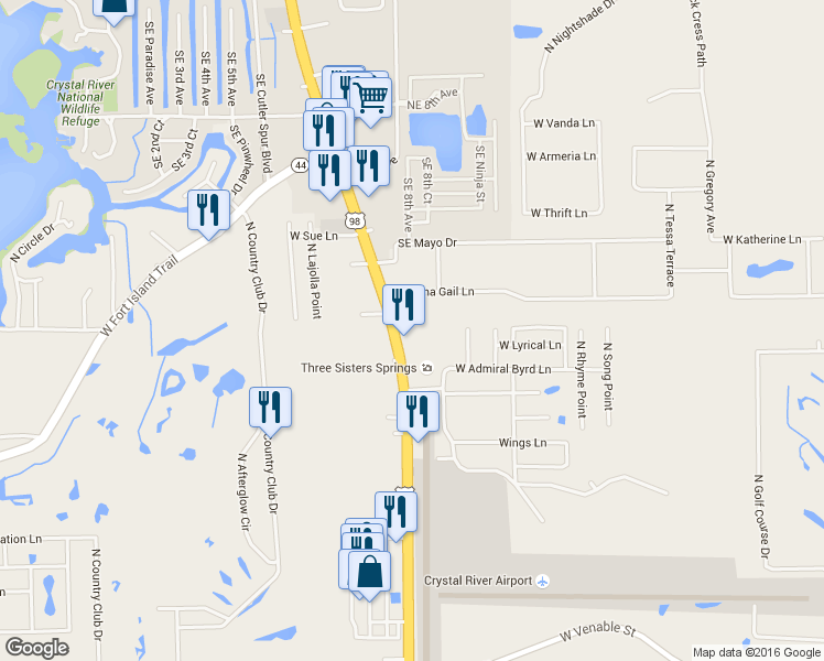 map of restaurants, bars, coffee shops, grocery stores, and more near 985 North Suncoast Boulevard in Crystal River