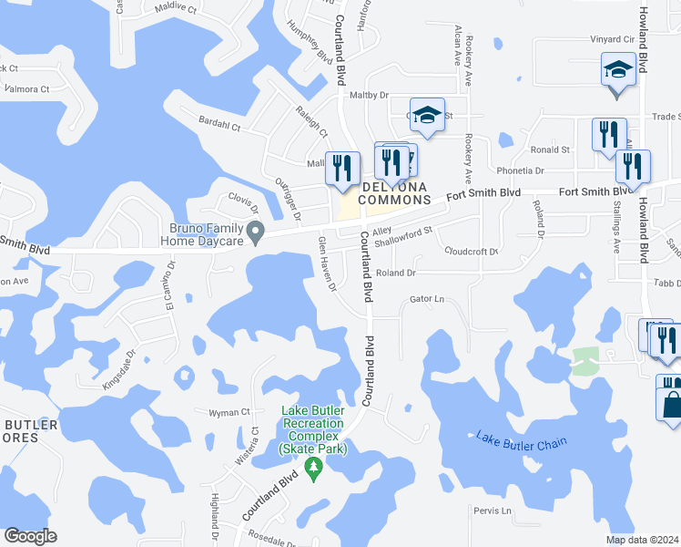map of restaurants, bars, coffee shops, grocery stores, and more near 510 Birchwood Lane in Deltona