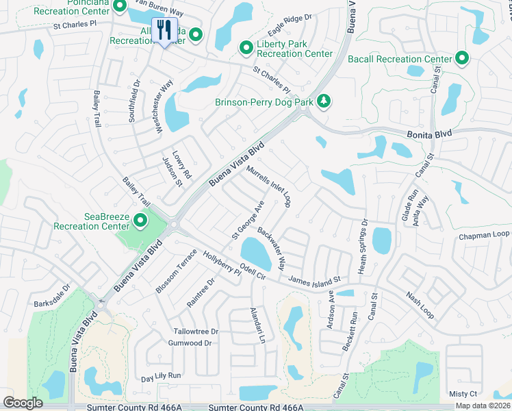 map of restaurants, bars, coffee shops, grocery stores, and more near 1380 Walterboro Lane in The Villages